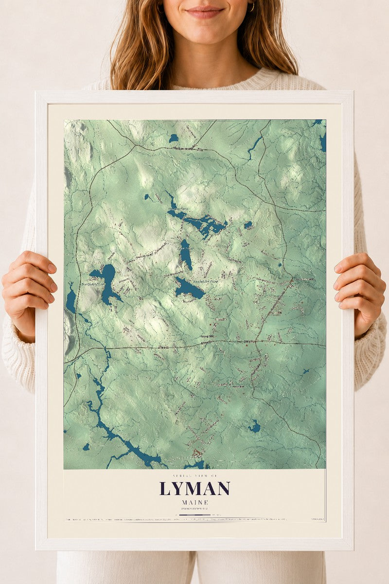 Lyman, Maine map print - 18 x 24 white Ayous wood frame