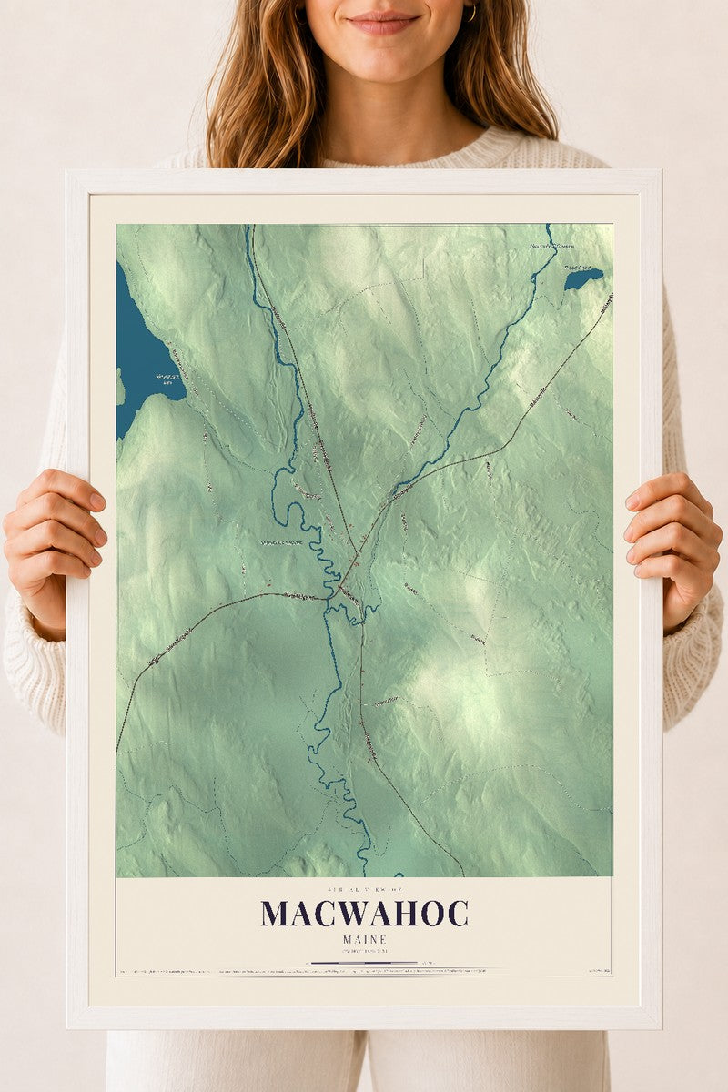 Macwahoc, Maine map print - 18 x 24 white Ayous wood frame