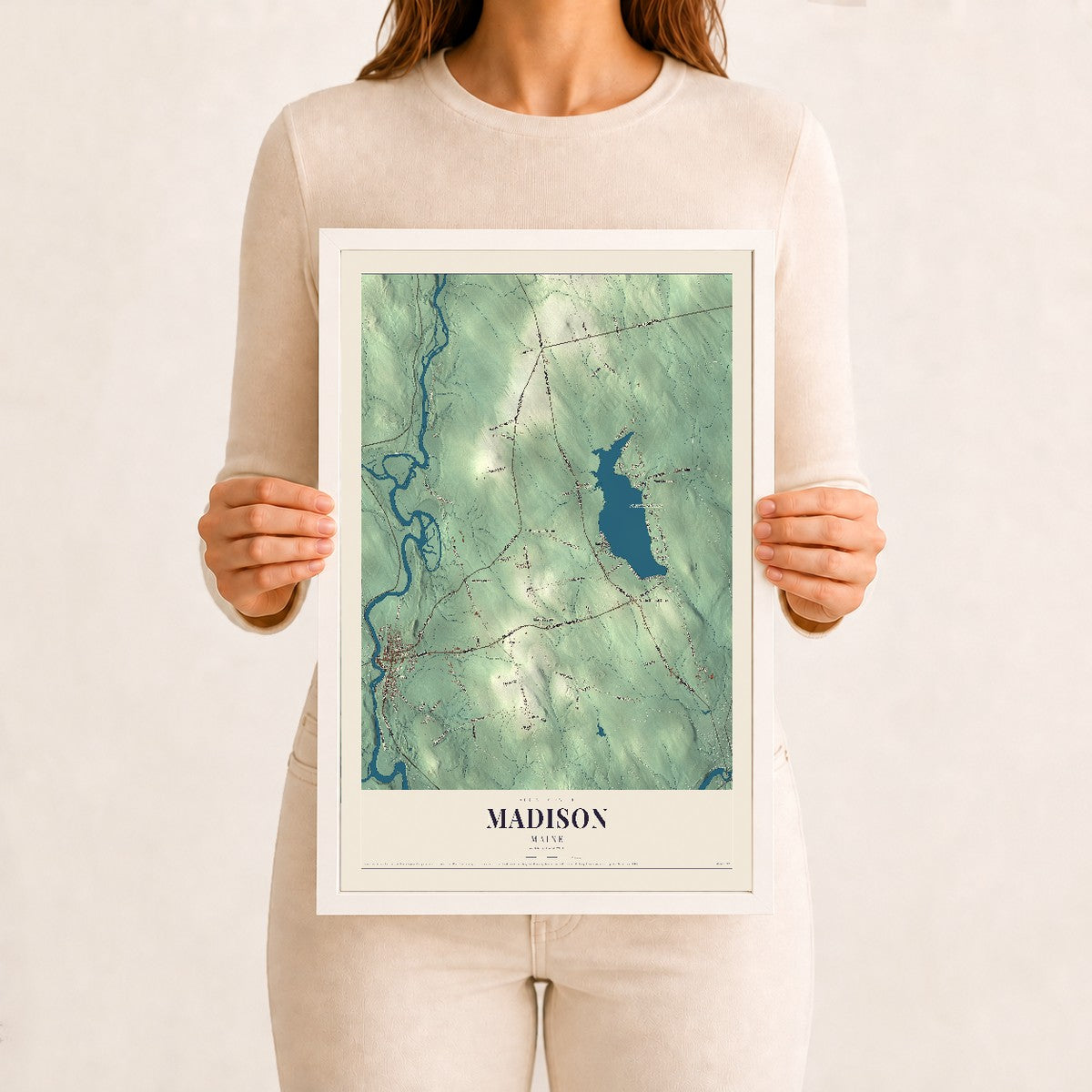 Madison, Maine map print - 12 x 18 white Ayous wood frame