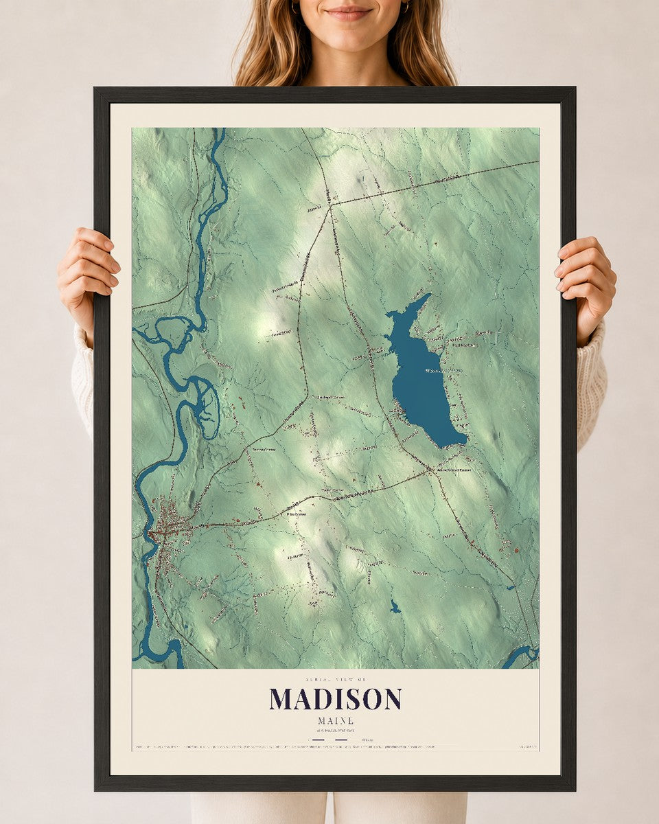 Madison, Maine map print - 24 x 36 black Ayous wood frame