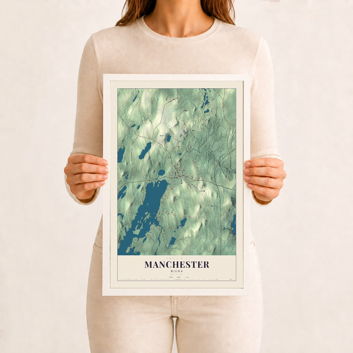 Manchester, Maine map print - 12 x 18 white Ayous wood frame