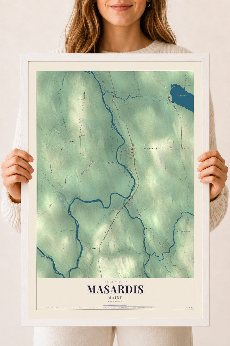 Masardis, Maine map print - 18 x 24 white Ayous wood frame