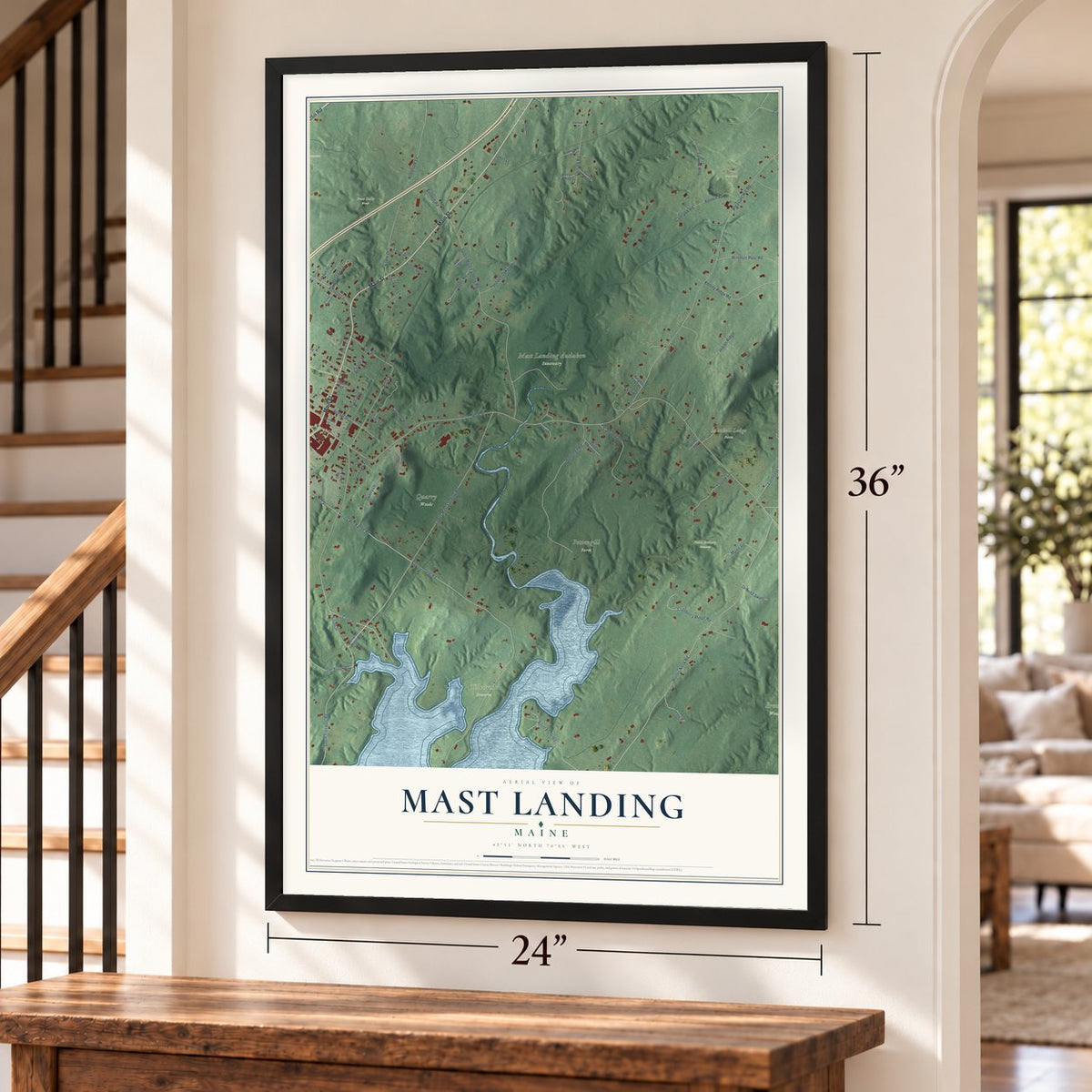 Mast Landing, Maine map, 24 x 36 inch print in a black frame by a staircase