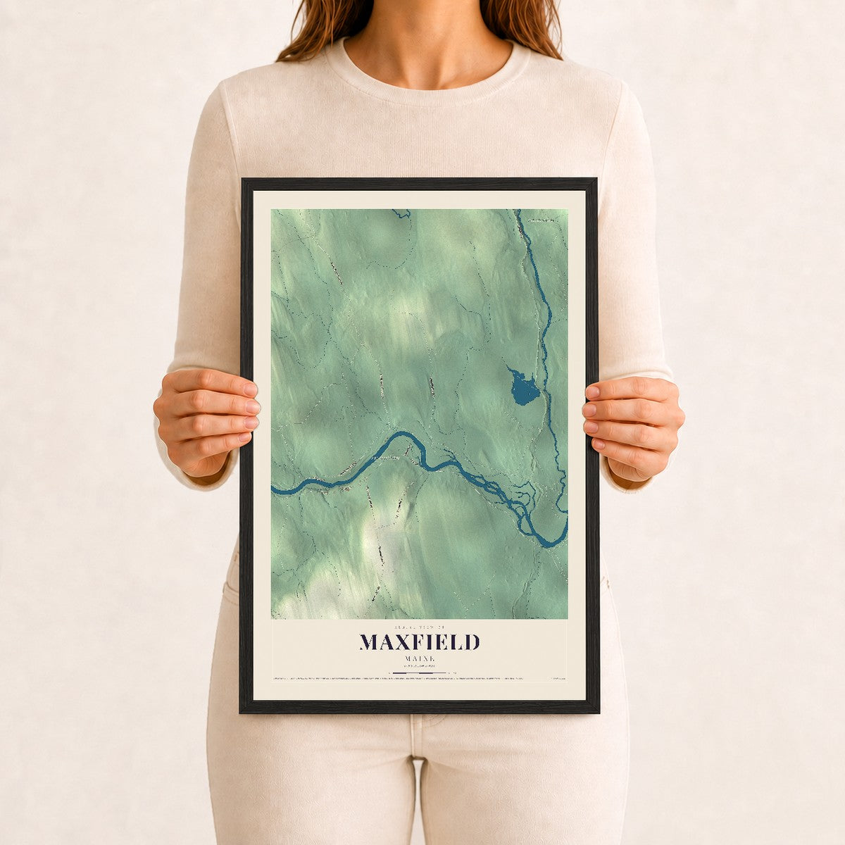 Maxfield, Maine map print - 12 x 18 black Ayous wood frame