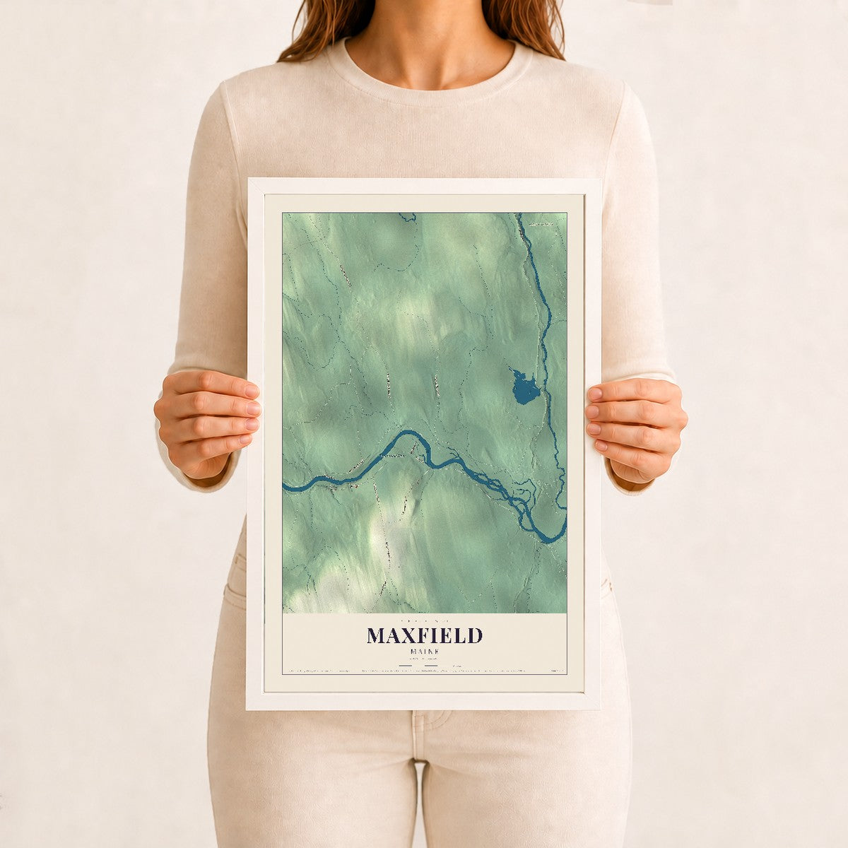 Maxfield, Maine map print - 12 x 18 white Ayous wood frame