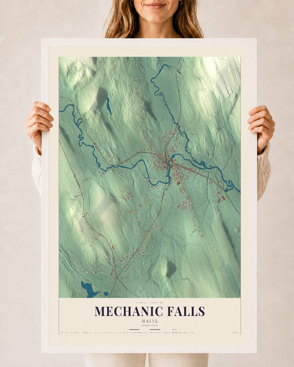 Mechanic Falls, Maine map print - 24 x 36 white Ayous wood frame