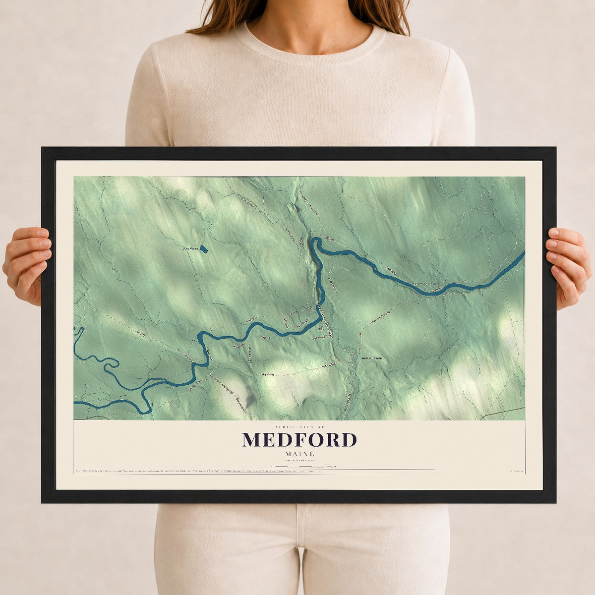Medford, Maine map print - 12 x 18 black Ayous wood frame