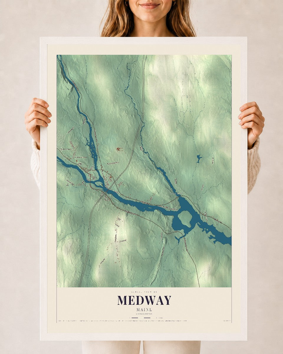 Medway, Maine map print - 24 x 36 white Ayous wood frame