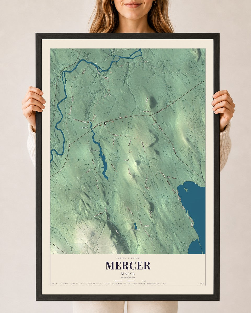Mercer, Maine map print - 24 x 36 black Ayous wood frame