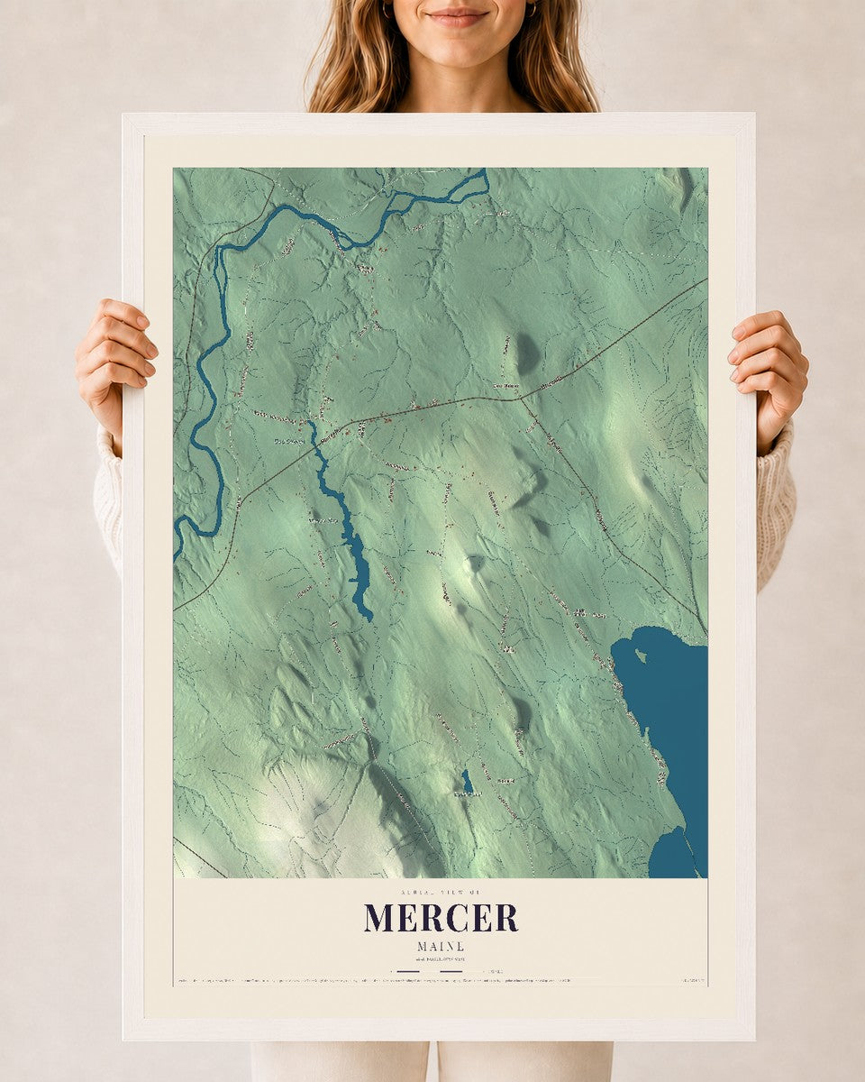 Mercer, Maine map print - 24 x 36 white Ayous wood frame