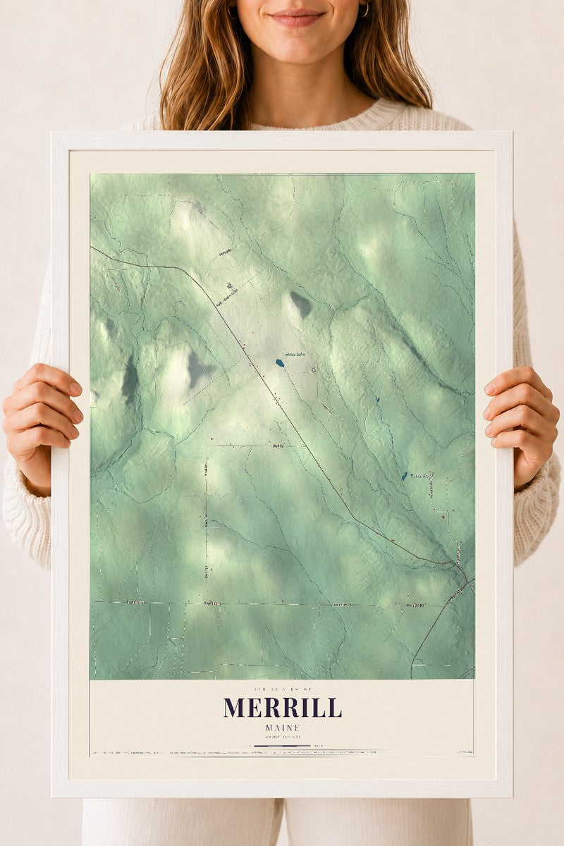 Merrill, Maine map print - 18 x 24 white Ayous wood frame
