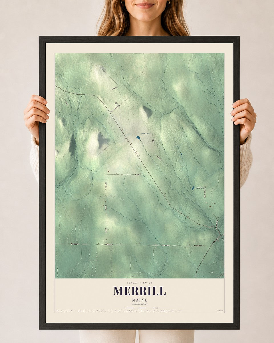 Merrill, Maine map print - 24 x 36 black Ayous wood frame
