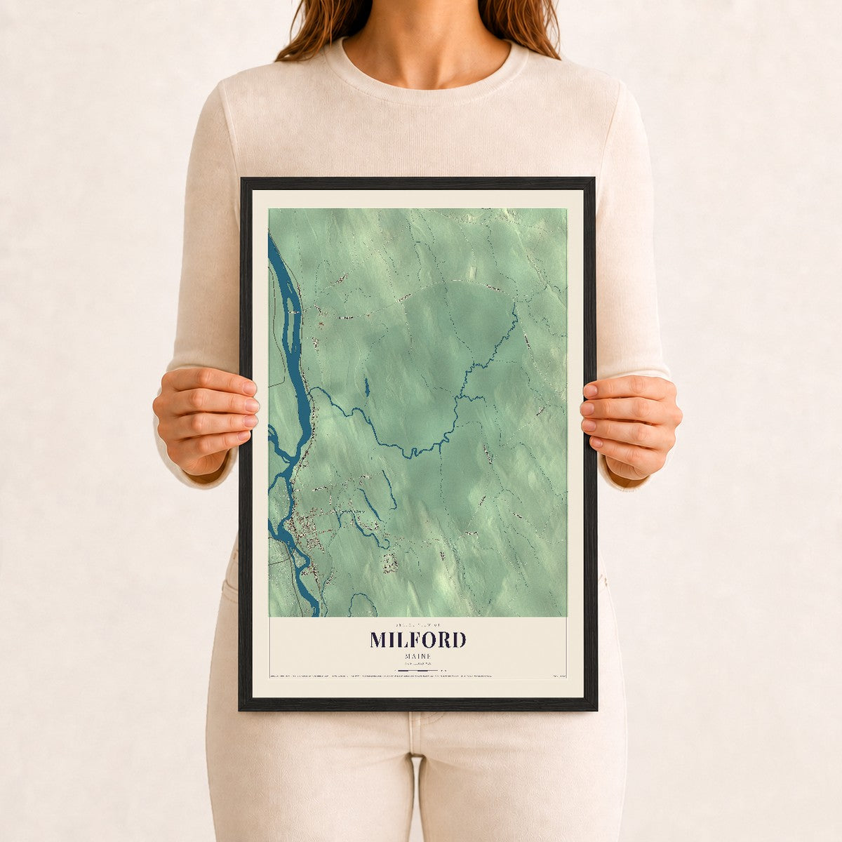 Milford, Maine map print - 12 x 18 black Ayous wood frame