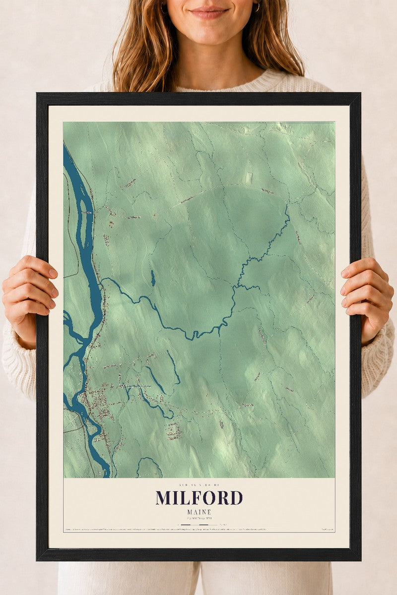 Milford, Maine map print - 18 x 24 black Ayous wood frame