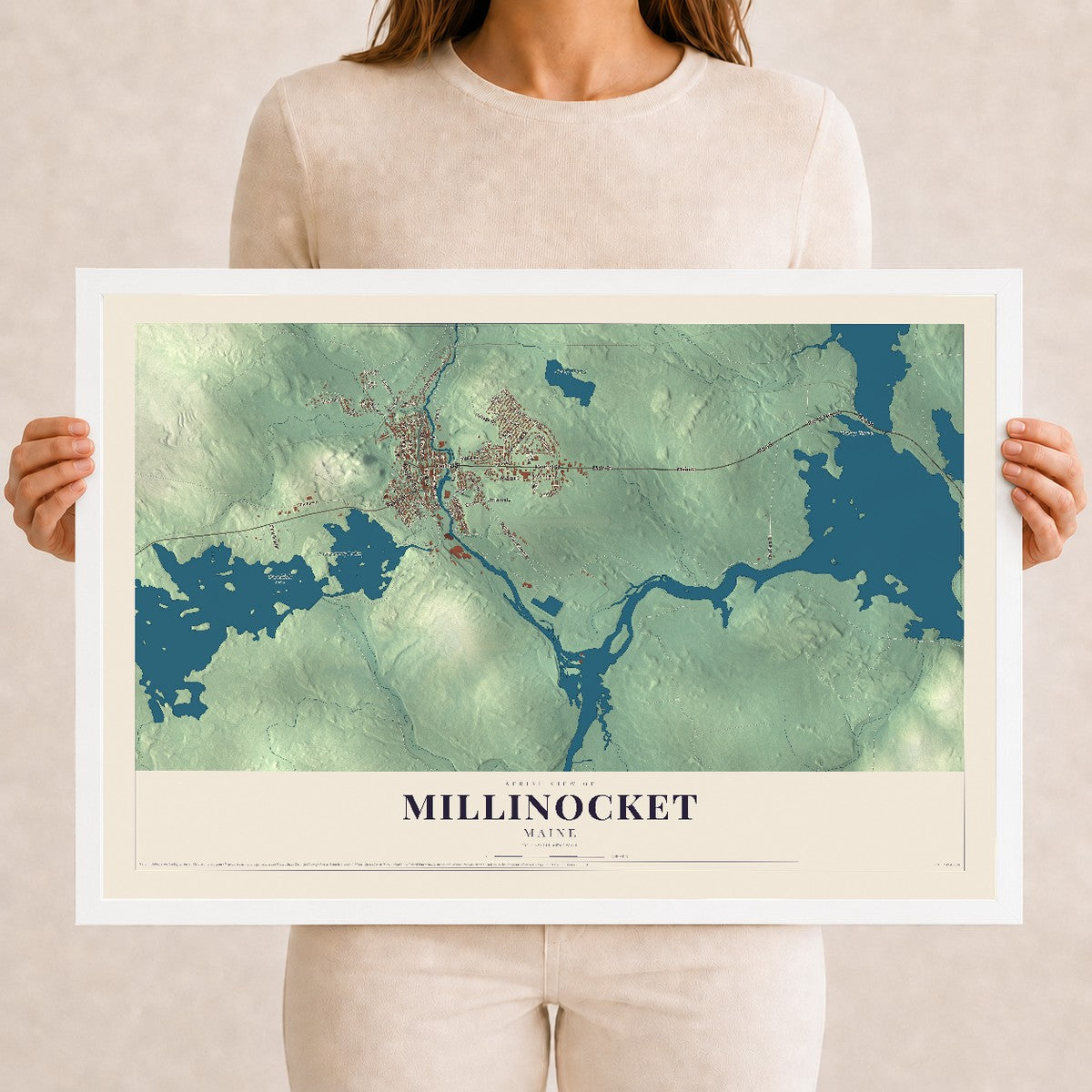 Millinocket, Maine map print - 12 x 18 white Ayous wood frame