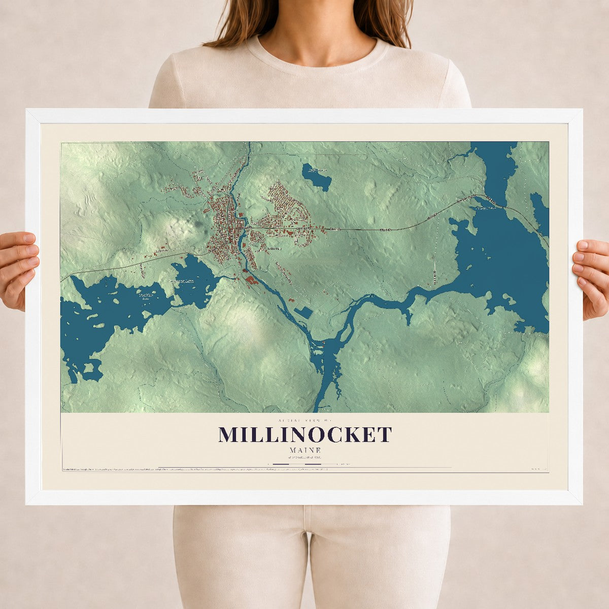 Millinocket, Maine map print - 18 x 24 white Ayous wood frame