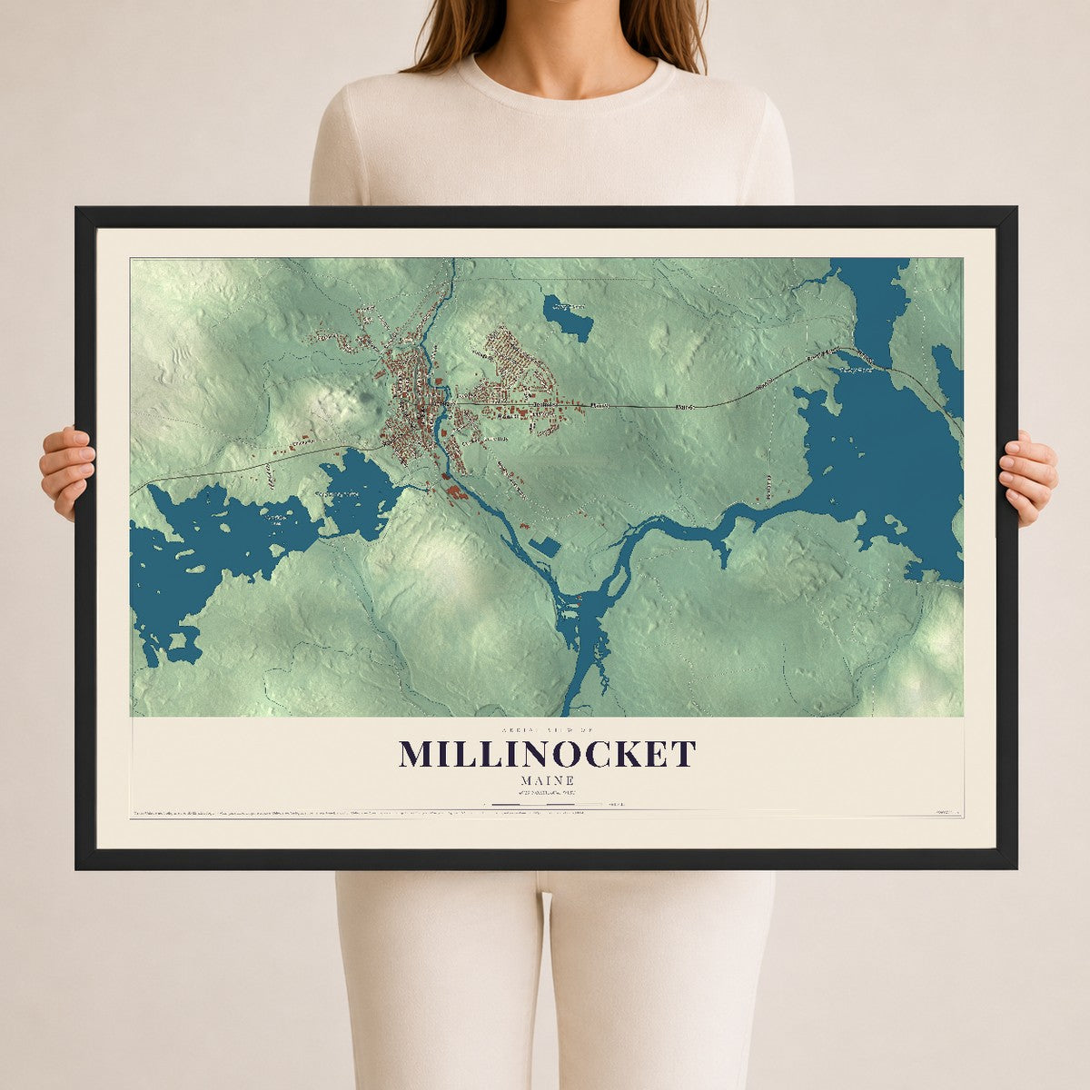 Millinocket, Maine map print - 24 x 36 black Ayous wood frame