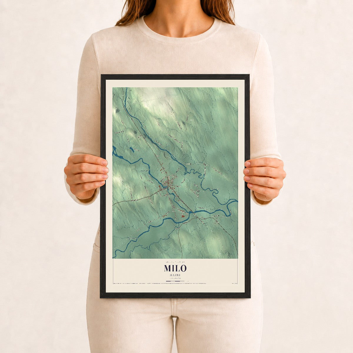 Milo, Maine map print - 12 x 18 black Ayous wood frame