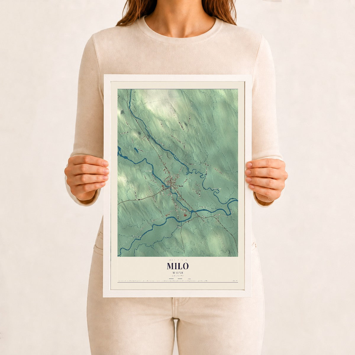 Milo, Maine map print - 12 x 18 white Ayous wood frame
