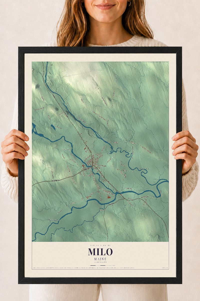 Milo, Maine map print - 18 x 24 black Ayous wood frame