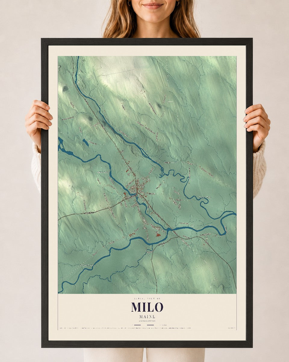 Milo, Maine map print - 24 x 36 black Ayous wood frame