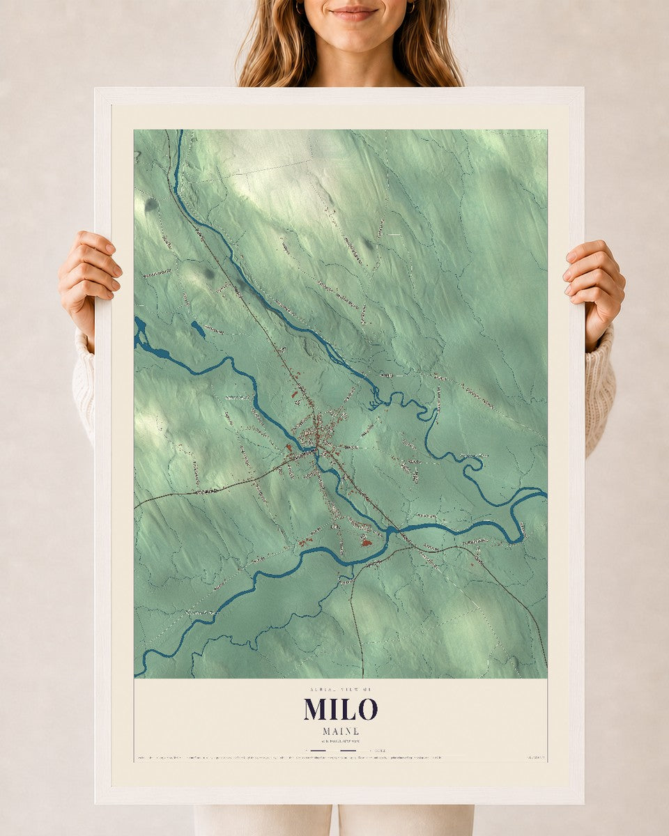 Milo, Maine map print - 24 x 36 white Ayous wood frame