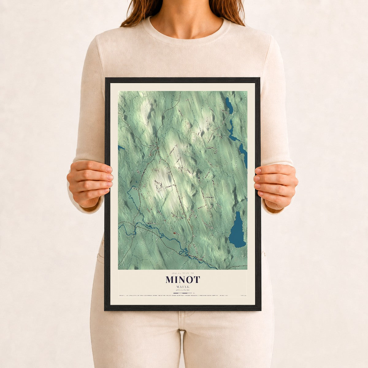 Minot, Maine map print - 12 x 18 black Ayous wood frame