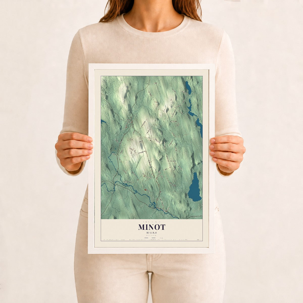 Minot, Maine map print - 12 x 18 white Ayous wood frame