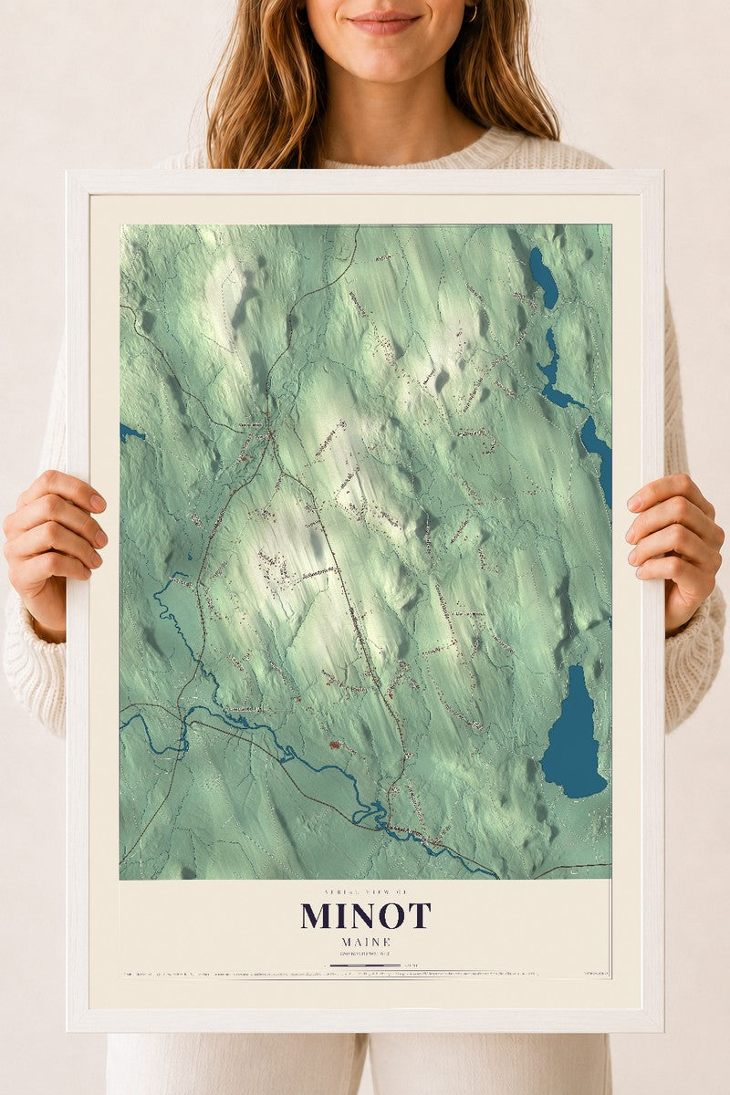 Minot, Maine map print - 18 x 24 white Ayous wood frame