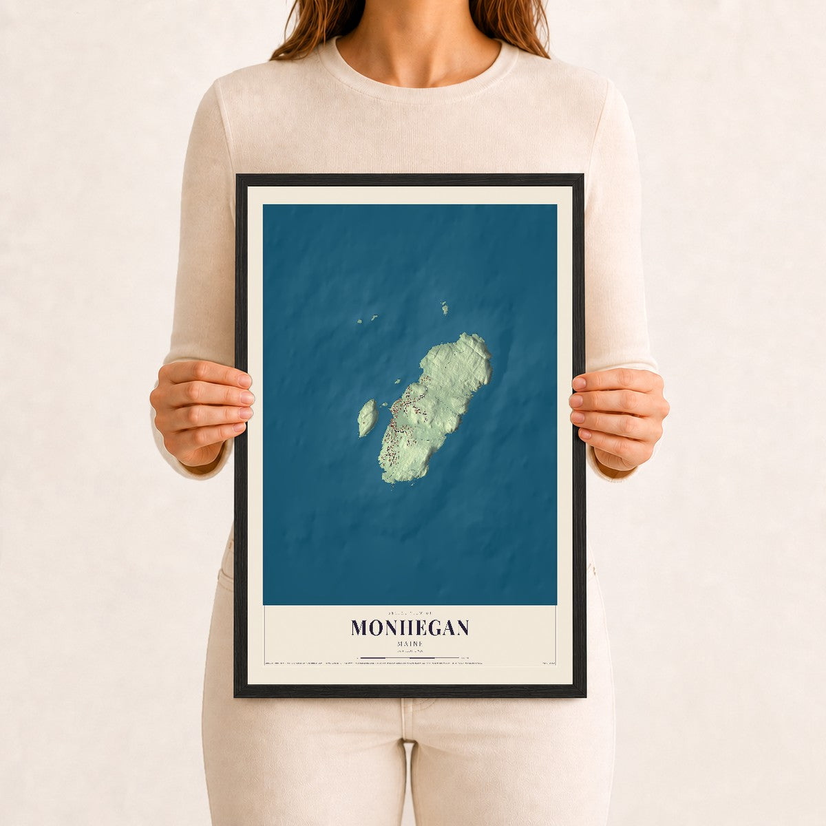 Monhegan, Maine map print - 12 x 18 black Ayous wood frame