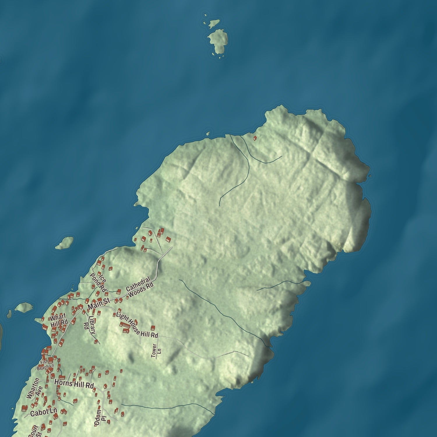 Terrain and local geography detail from the Monhegan, Maine map