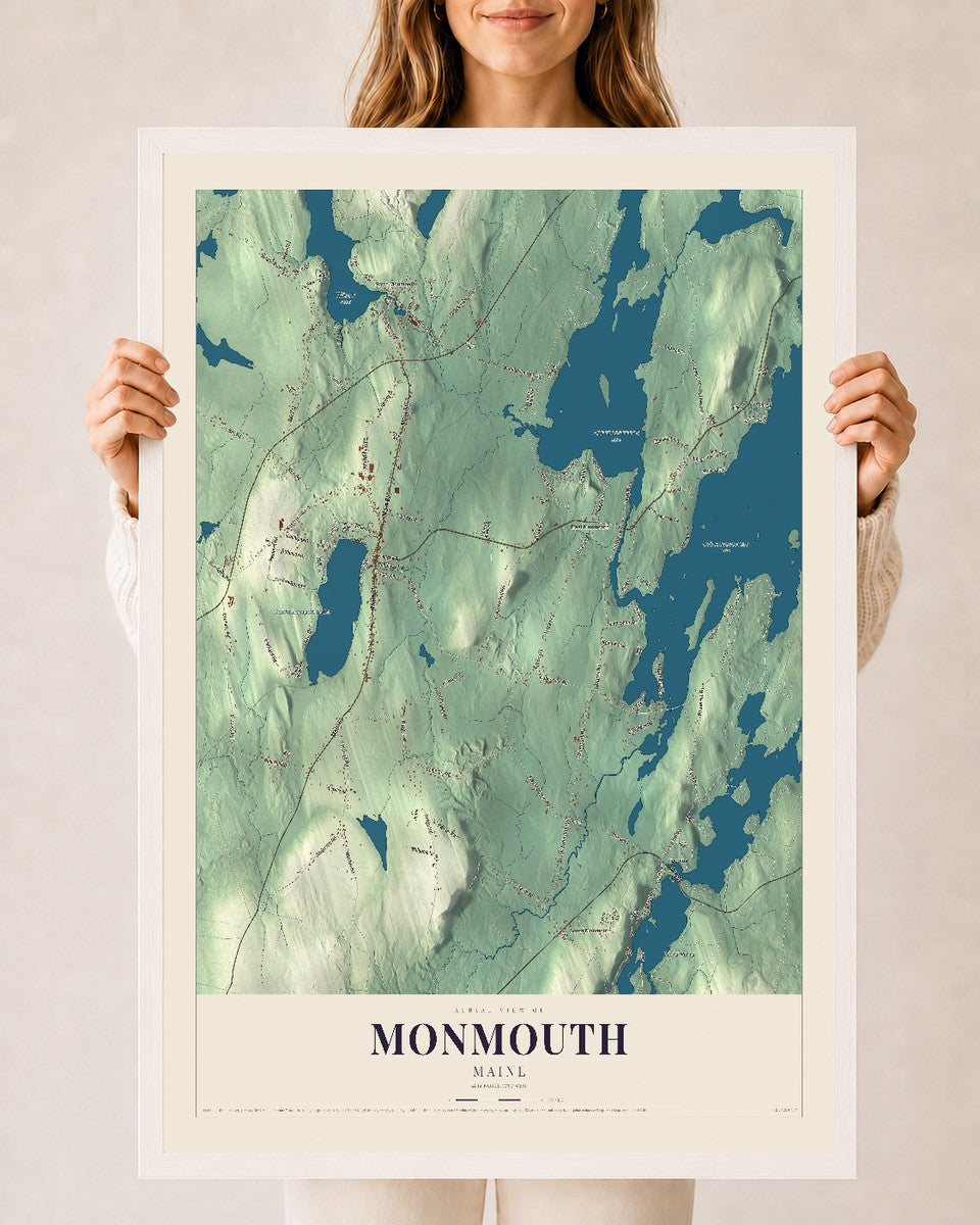 Monmouth, Maine map print - 24 x 36 white Ayous wood frame