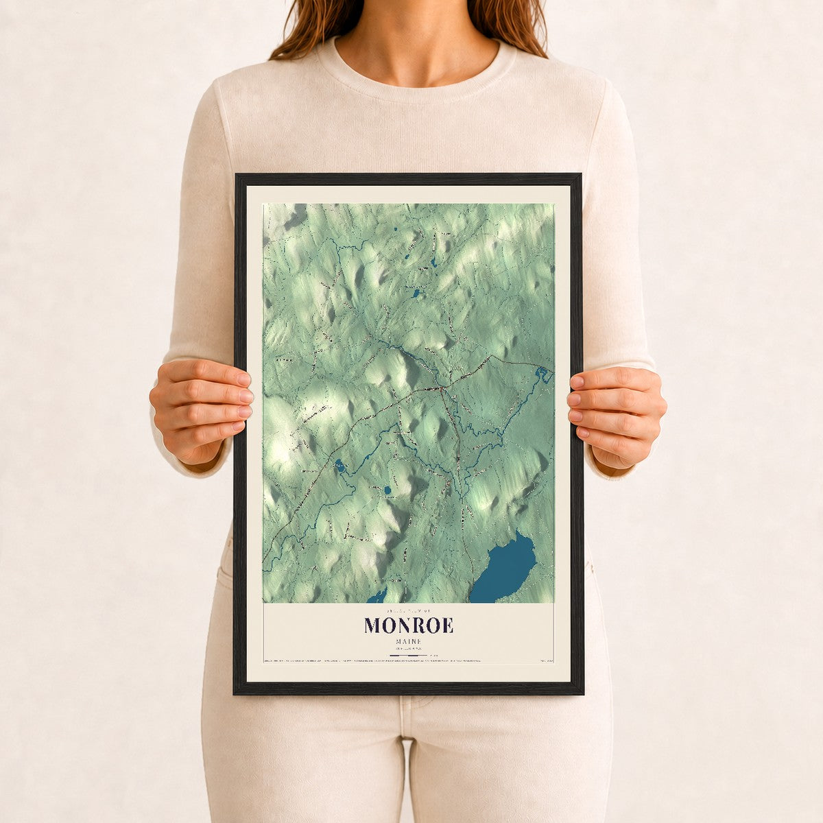Monroe, Maine map print - 12 x 18 black Ayous wood frame
