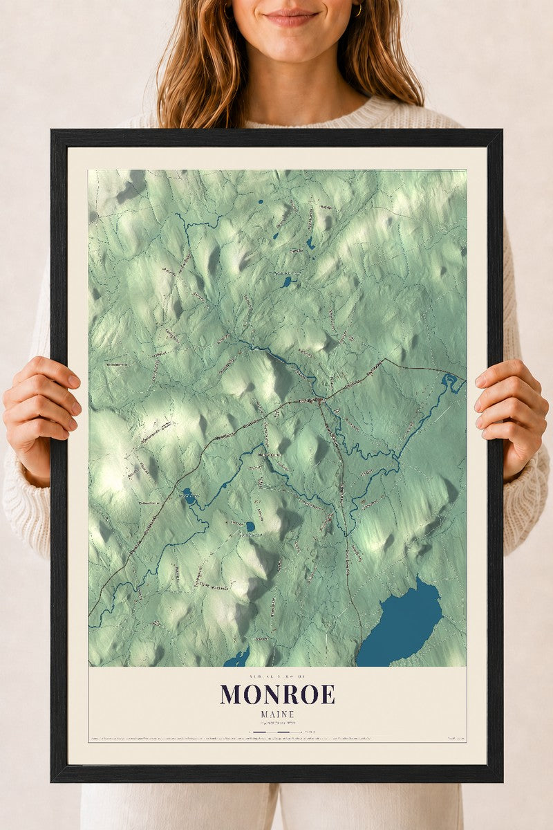 Monroe, Maine map print - 18 x 24 black Ayous wood frame