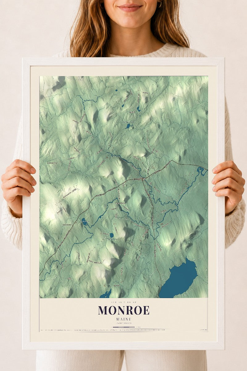 Monroe, Maine map print - 18 x 24 white Ayous wood frame