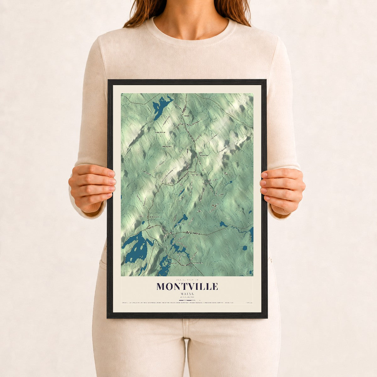 Montville, Maine map print - 12 x 18 black Ayous wood frame