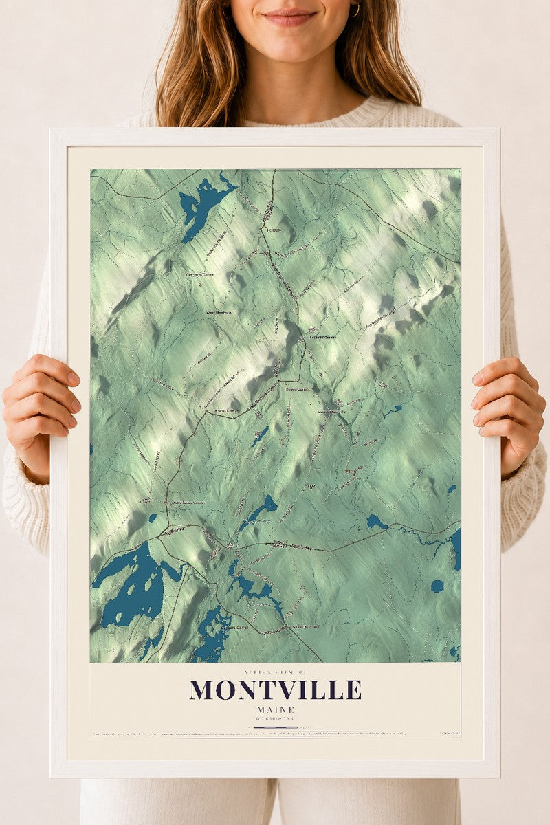 Montville, Maine map print - 18 x 24 white Ayous wood frame