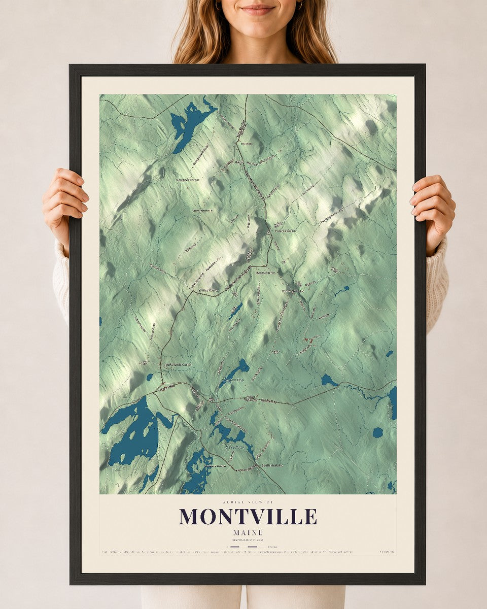 Montville, Maine map print - 24 x 36 black Ayous wood frame