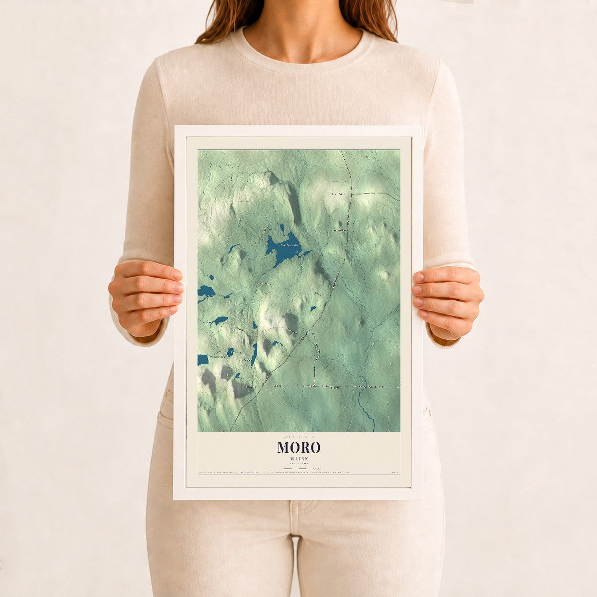 Moro, Maine map print - 12 x 18 white Ayous wood frame