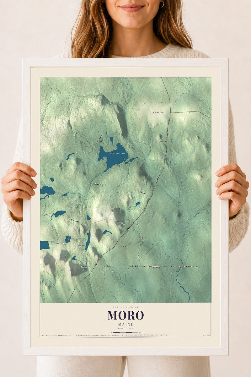 Moro, Maine map print - 18 x 24 white Ayous wood frame