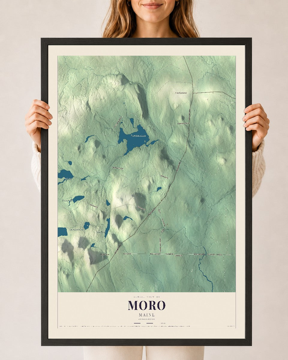 Moro, Maine map print - 24 x 36 black Ayous wood frame