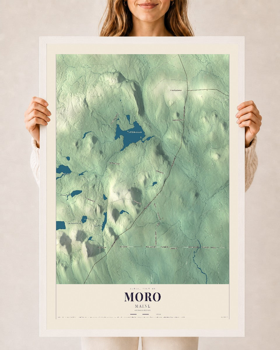 Moro, Maine map print - 24 x 36 white Ayous wood frame