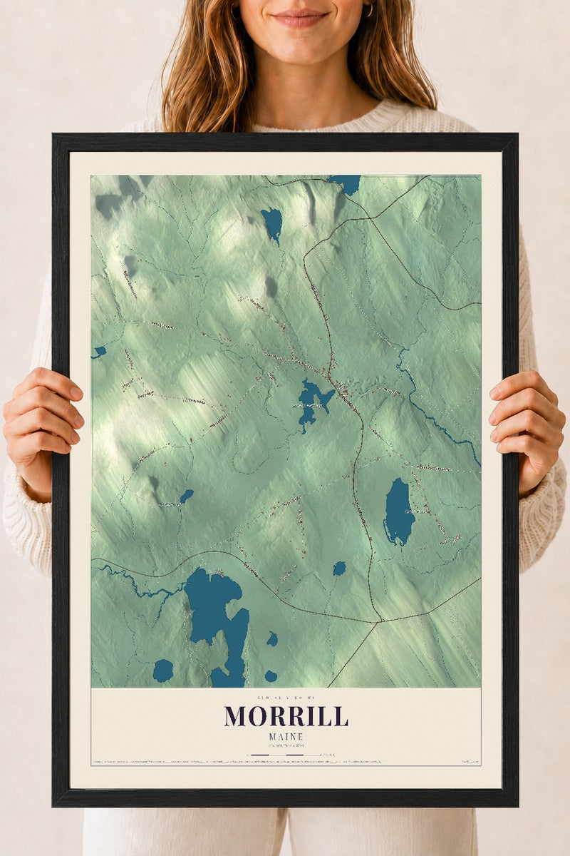 Morrill, Maine map print - 18 x 24 black Ayous wood frame