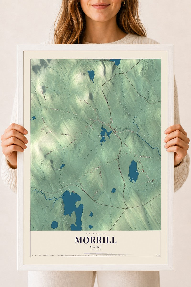 Morrill, Maine map print - 18 x 24 white Ayous wood frame