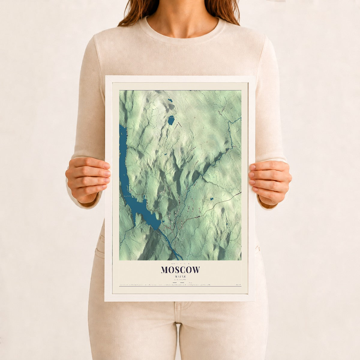 Moscow, Maine map print - 12 x 18 white Ayous wood frame
