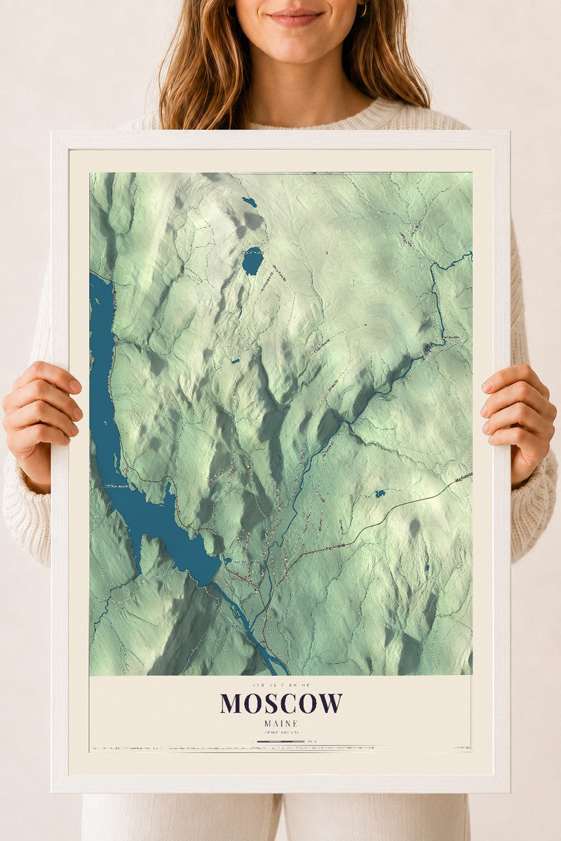 Moscow, Maine map print - 18 x 24 white Ayous wood frame