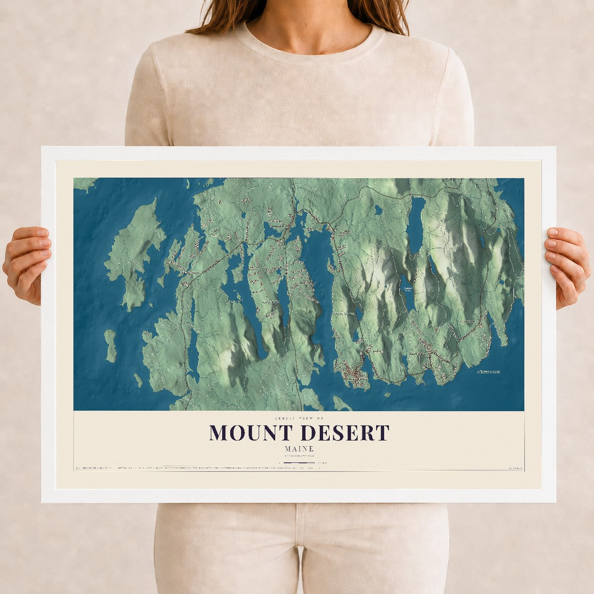 Mount Desert, Maine map print - 12 x 18 white Ayous wood frame