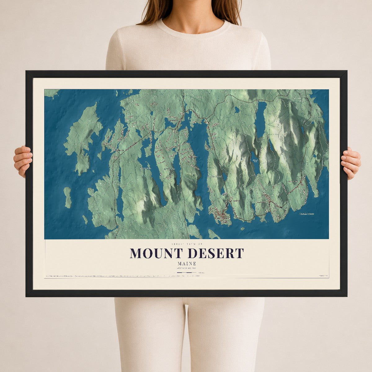 Mount Desert, Maine map print - 24 x 36 black Ayous wood frame