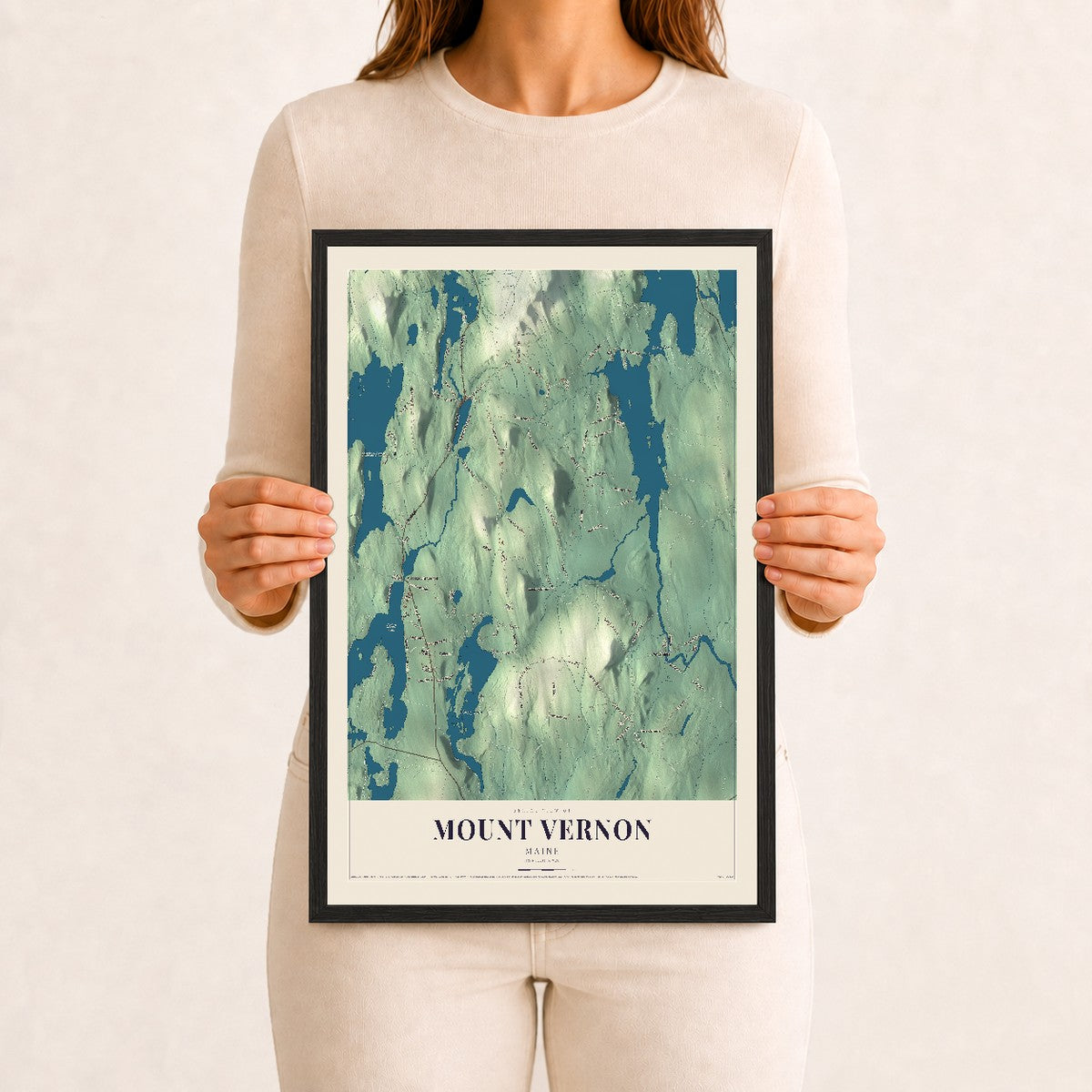 Mount Vernon, Maine map print - 12 x 18 black Ayous wood frame