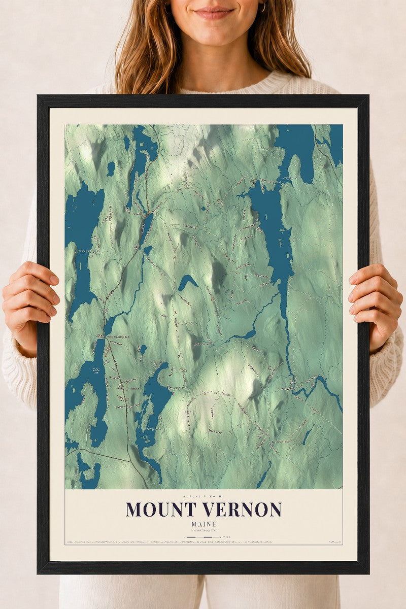 Mount Vernon, Maine map print - 18 x 24 black Ayous wood frame